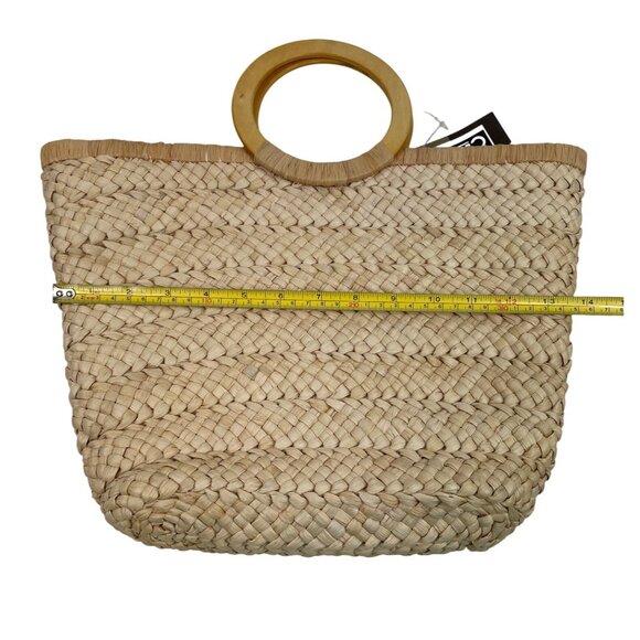 Cee Klein Woven Straw Tote Bag With Wooden Handle & Beaded Butterfly Design - Picture 6 of 9